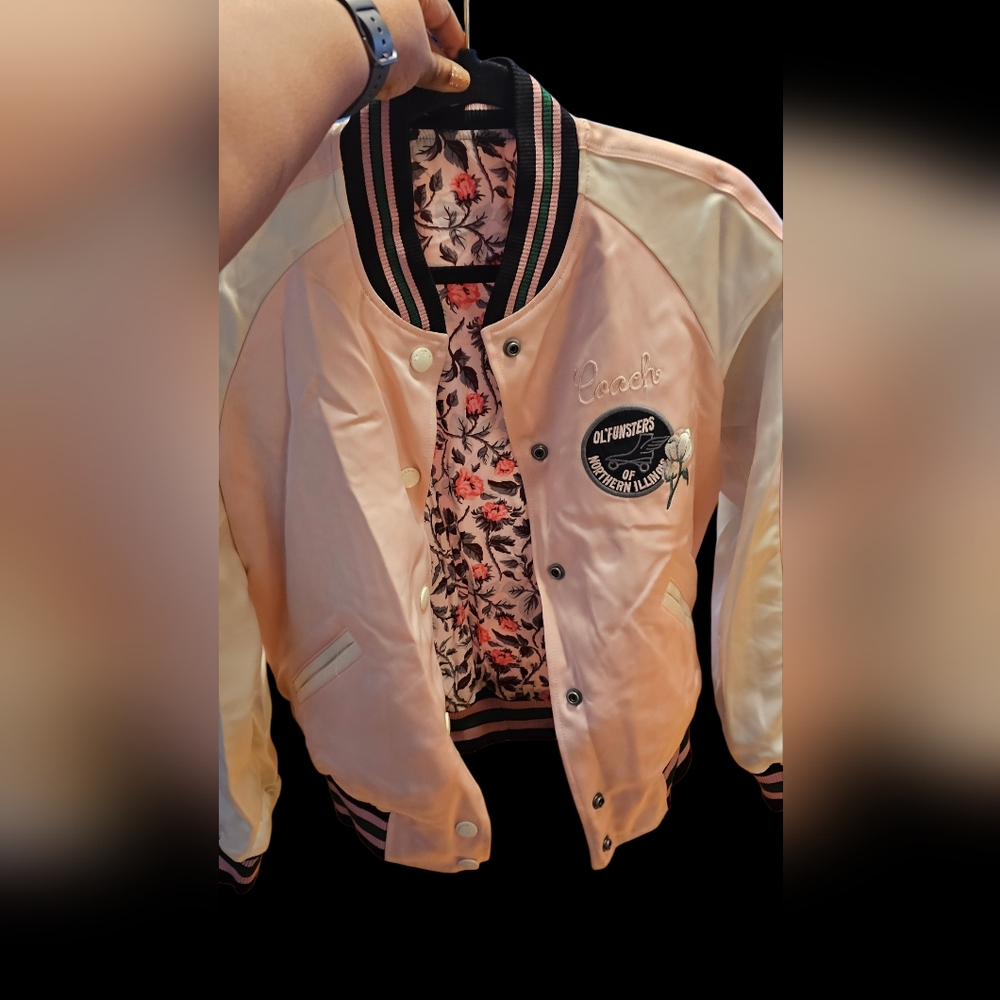 Coach Reversible Satin Bomber Jacket Pink Floral Lined Varsity Style Size 0